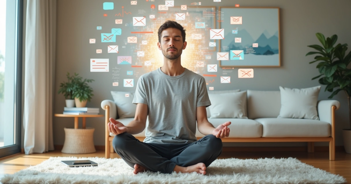 Pessoa sentada em posição de meditação em sala clara com gráficos caóticos ao fundo 