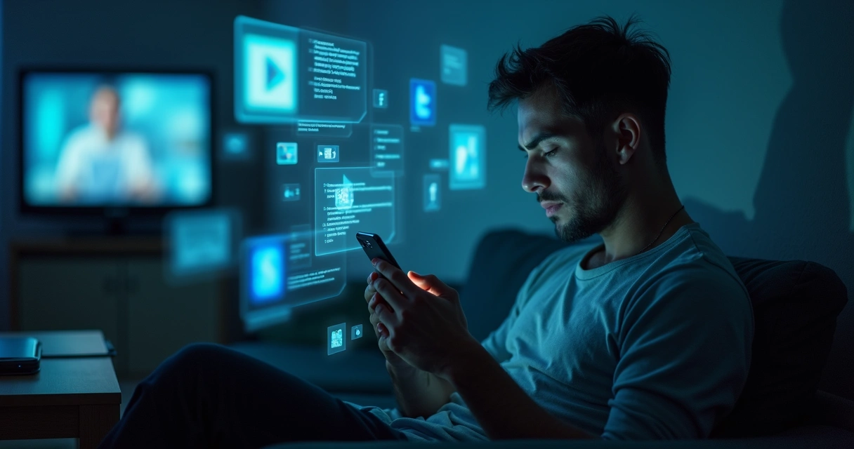 Pessoa olhando o celular cercada por telas e notificações