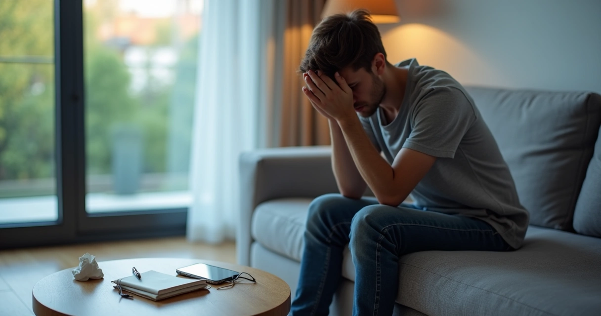 Pessoa sentada no sofá olhando para longe com expressão de cansaço mental 