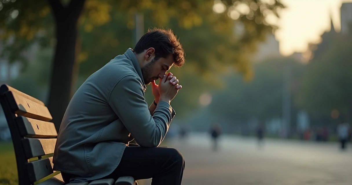 Pessoa sentada sozinha olhando para baixo com expressão pensativa