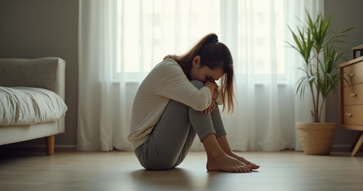 Mulher sentada abraçando as pernas no chão, expressando preocupação; ambiente neutro, luz suave 