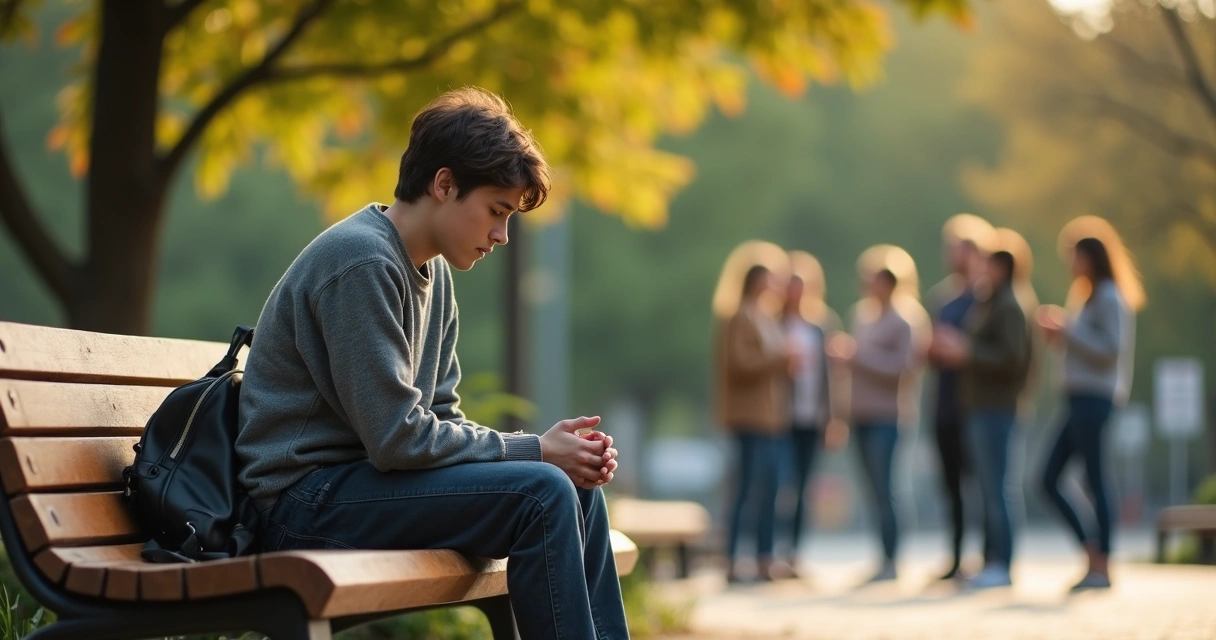 Pessoa sentada sozinha em um banco cercada por grupo conversando ao fundo 
