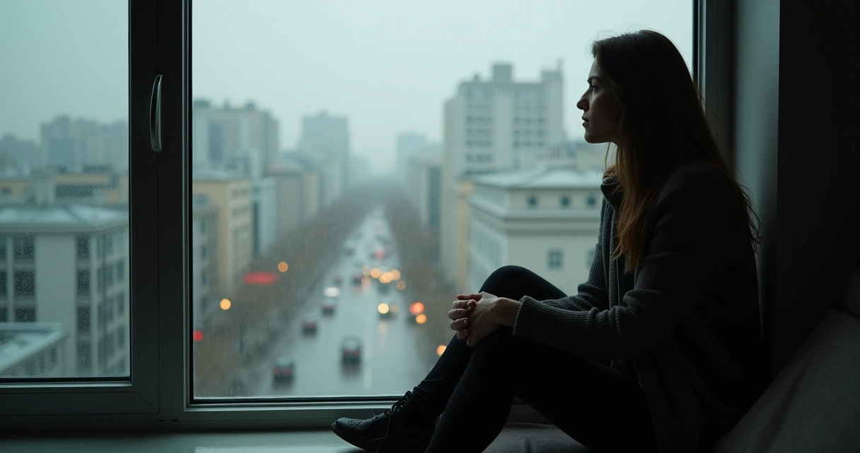 Pessoa sentada sozinha olhando para fora pela janela 