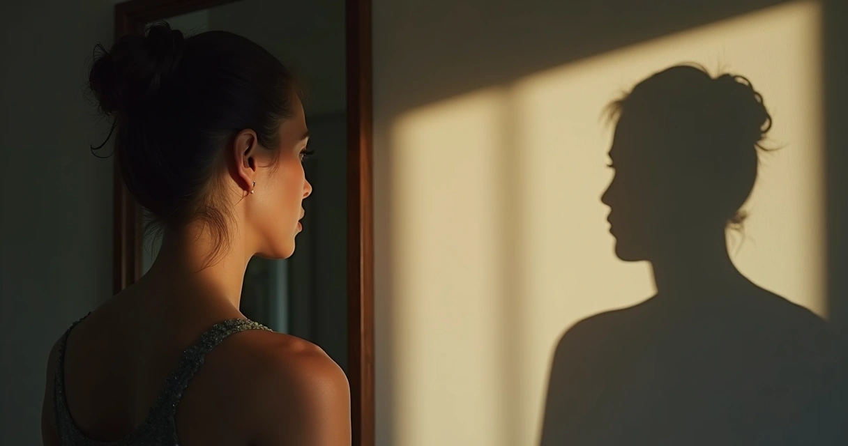 Pessoa refletida no espelho, com uma sombra ao fundo 