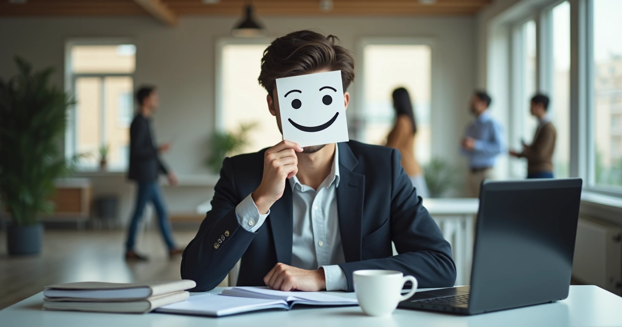 Pessoa de terno em escritório usando máscara sorridente em frente ao rosto 