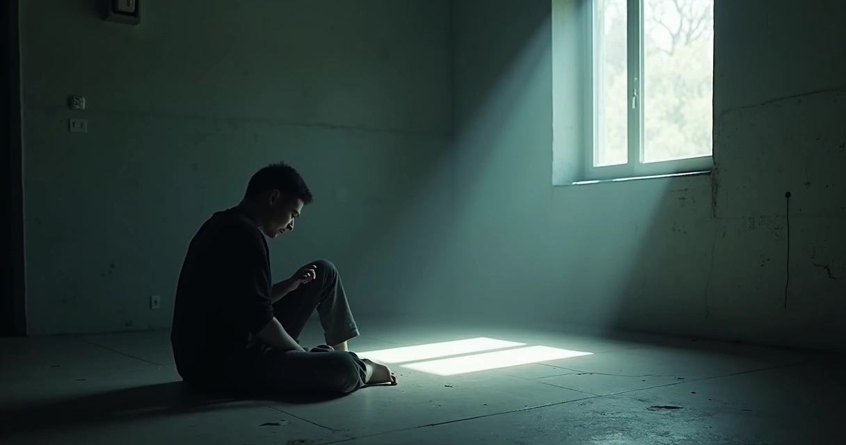 Pessoa sentada sozinha em uma sala escura, olhando para o chão. 
