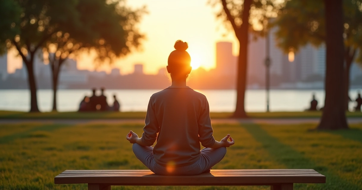 Pessoa sentada sozinha em banco de praça ao pôr do sol com luz suave atrás 