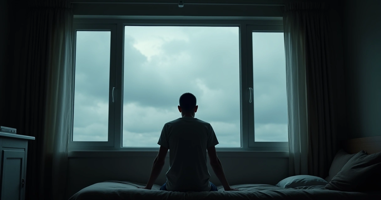 Pessoa sentada sozinha em uma janela, olhando para fora 