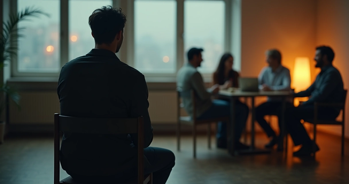 Pessoa sentada sozinha em uma cadeira enquanto um grupo de pessoas conversa em segundo plano. 