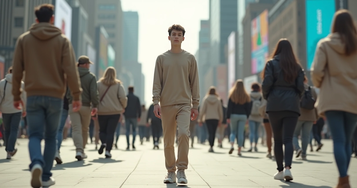 Pessoa em pé sozinha em multidão desfocada representando pressão social 