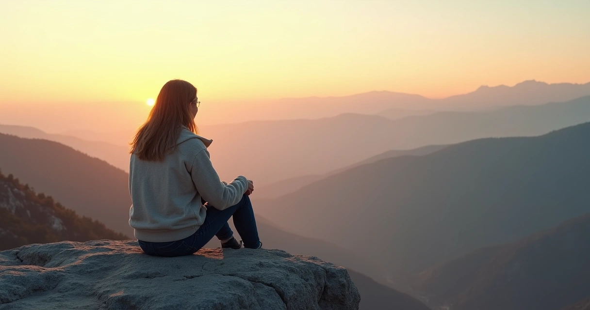 Pessoa sentada sozinha em montanha olhando o horizonte ao pôr do sol 