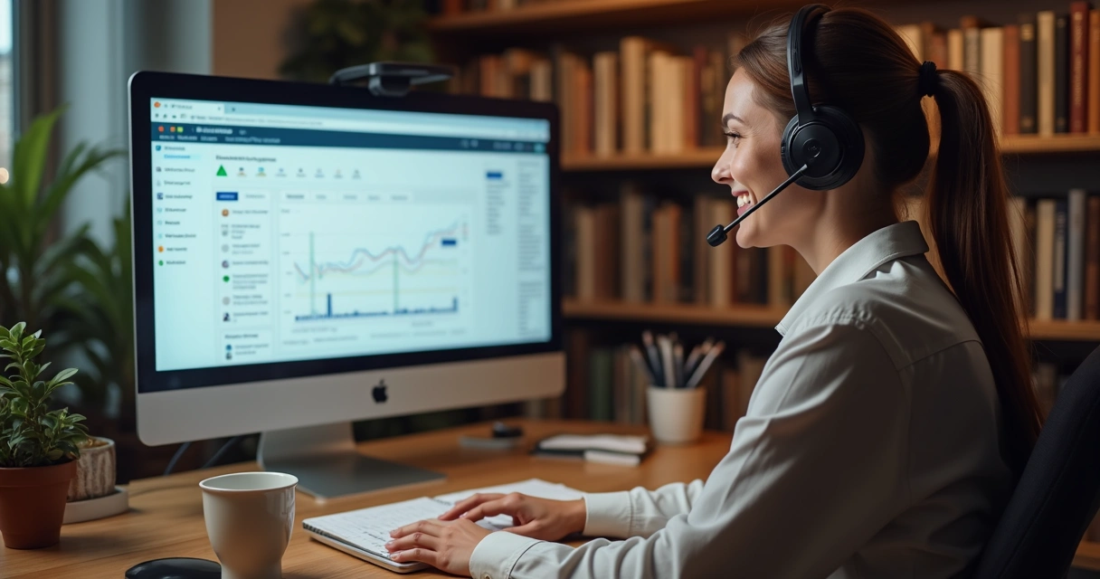 Profissional com fone atendendo cliente SaaS com tela de CRM aberta 