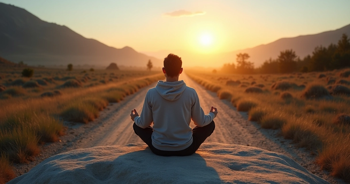 Pessoa sentada em meditação diante de estrada em bifurcação ao nascer do sol 