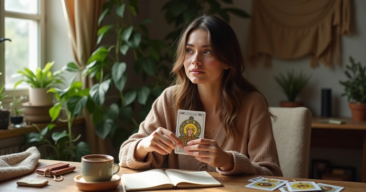 Pessoa olhando cartas de tarot para autoconhecimento em ambiente aconchegante 