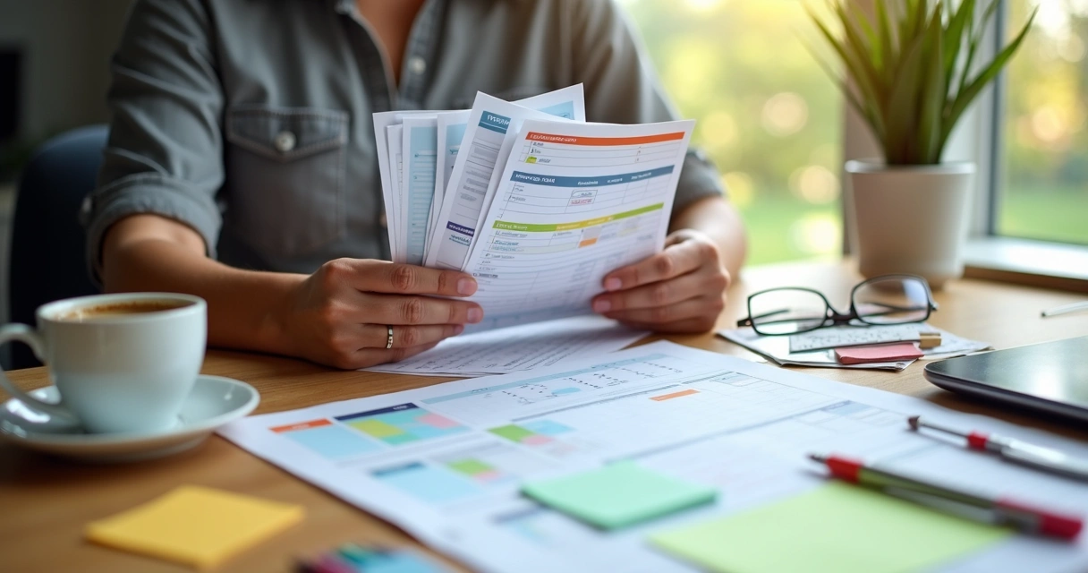 Pessoa adulta segurando várias folhas de agenda coloridas, mesa com café e canetas coloridas 