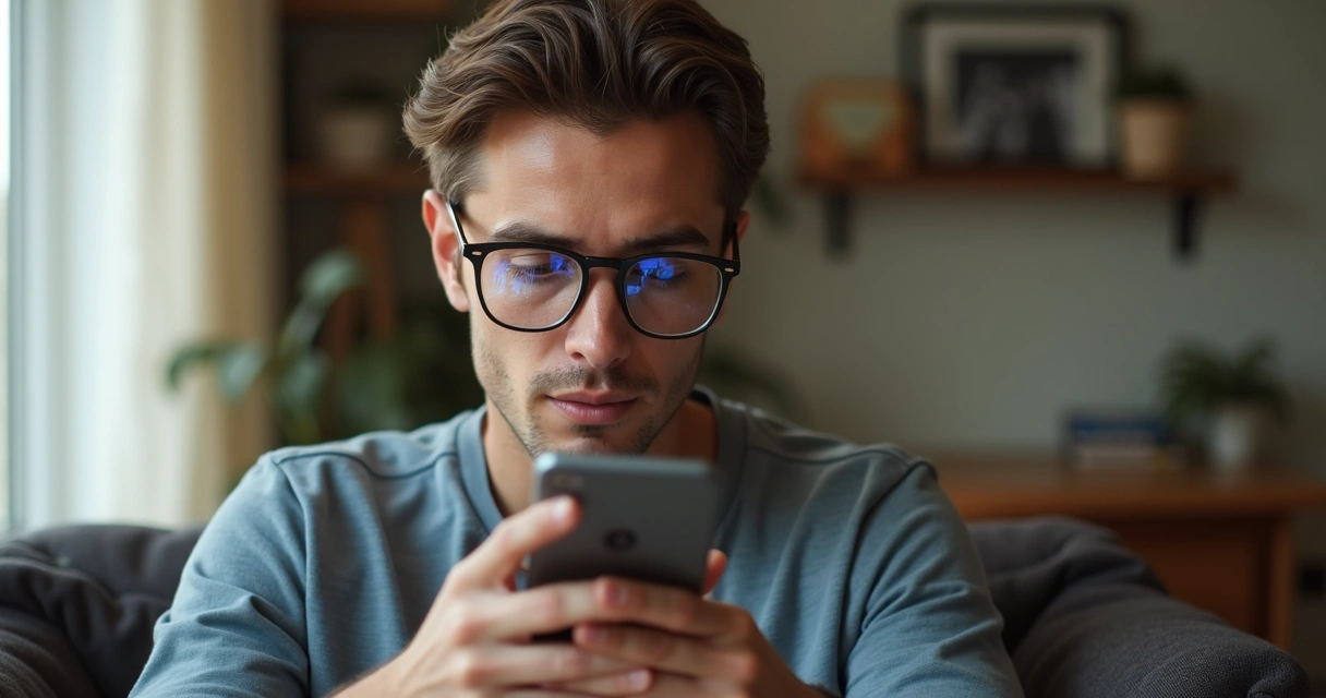 Pessoa olhando para a tela do celular pensativa, ambiente interno claro 