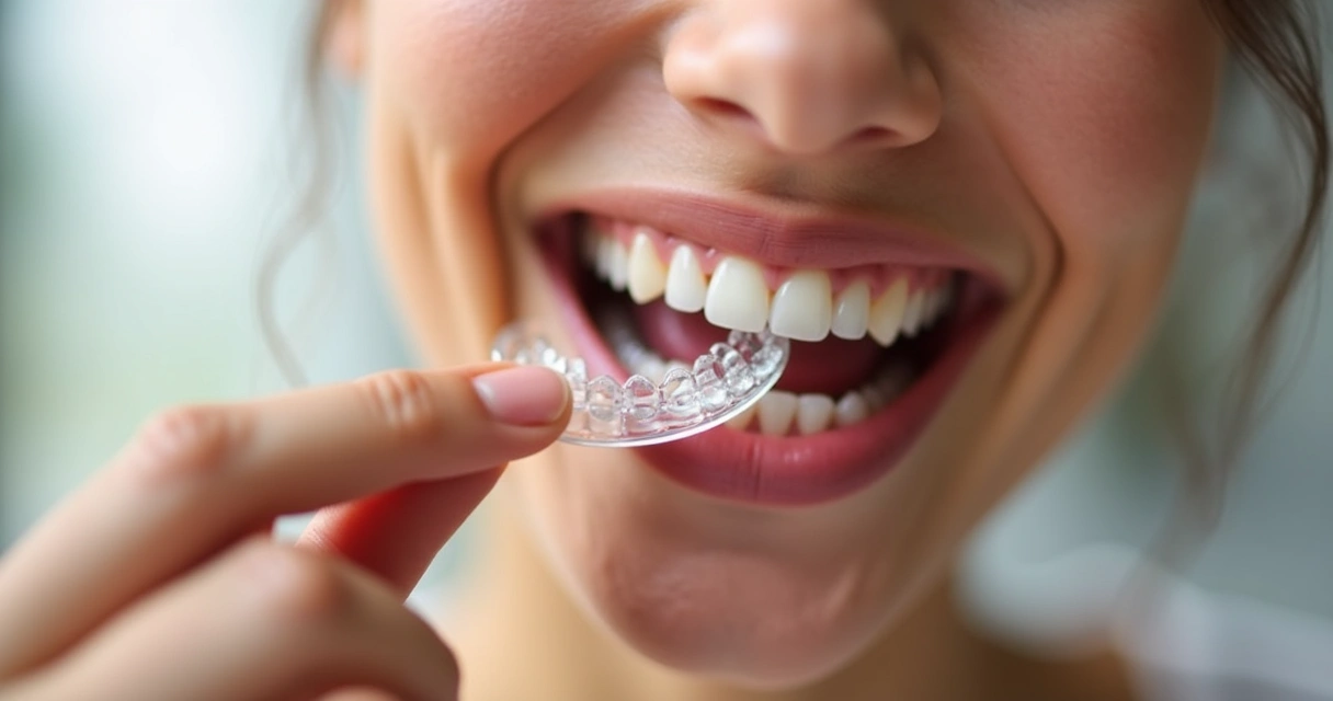 Pessoa removendo alinhador invisível da boca 