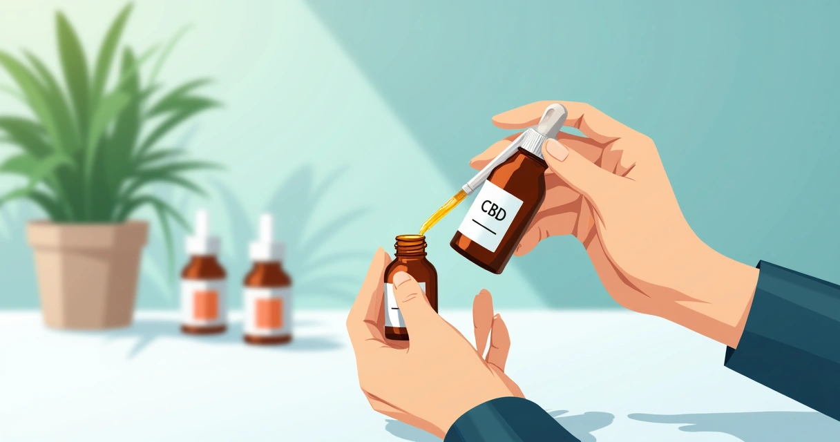 Pessoa segurando frasco de canabidiol e conta-gotas 
