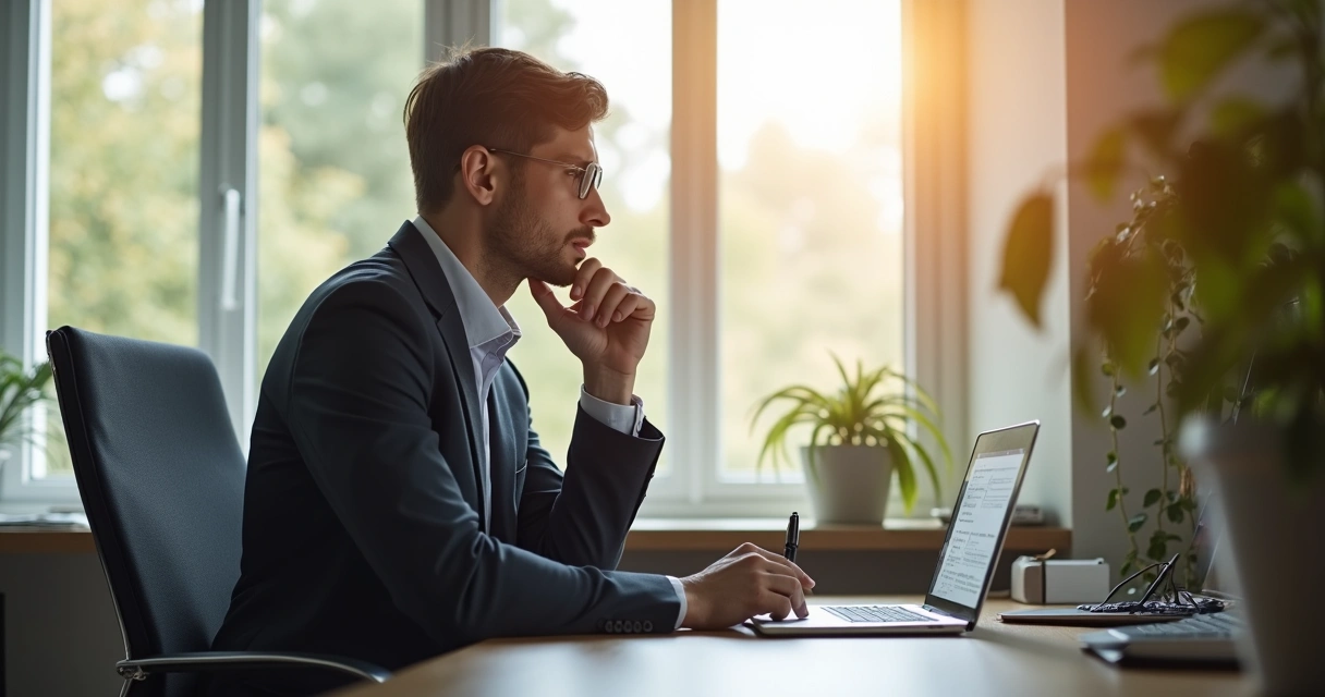 Profissional refletindo em mesa de escritório 