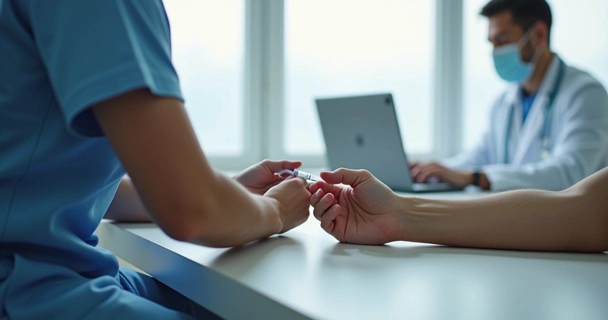 Pessoa tomando injeção de medicamento, consulta médica ao fundo 