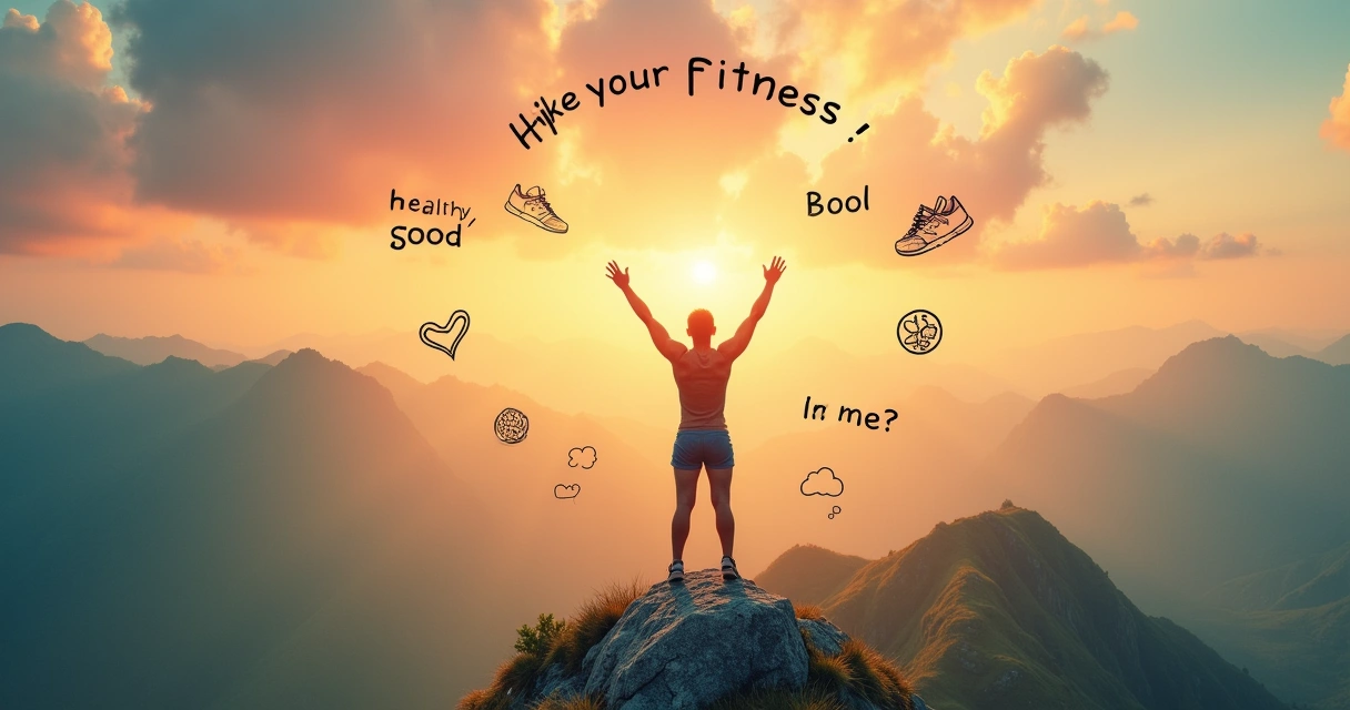 Pessoa no topo da montanha, braços levantados, simbolizando conquistas e jornada fitness com fundo inspirador.