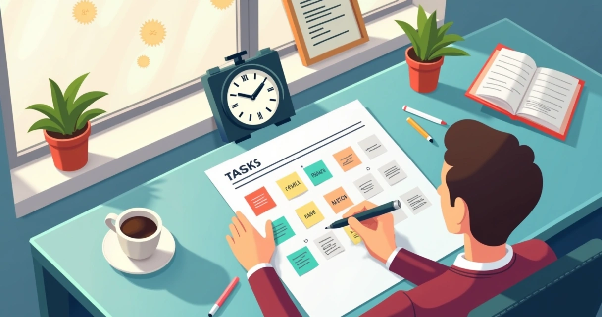 Pessoa organizando tarefas em blocos em mesa de trabalho