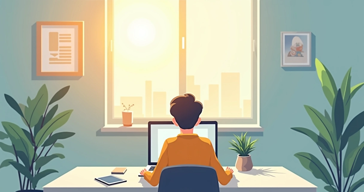 Pessoa sentada à mesa focada no notebook enquanto o celular está virado para baixo ao lado