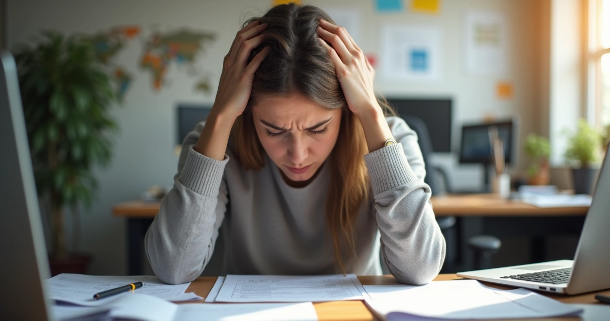 Pessoa ansiosa sentada à mesa do escritório olhando papéis e computador 