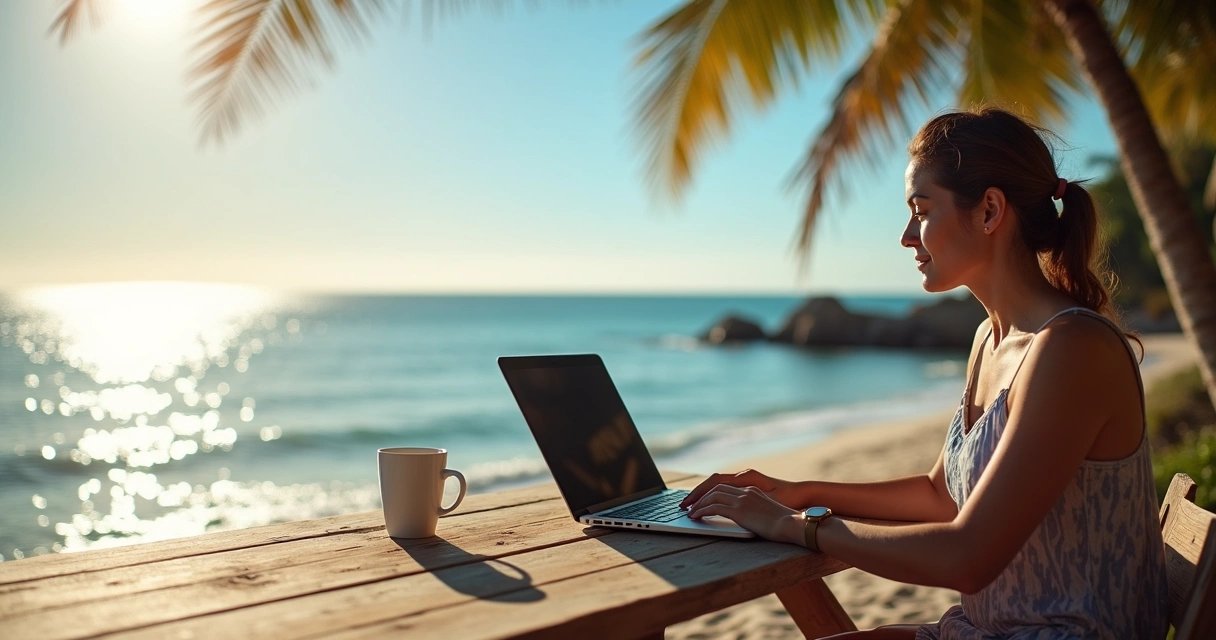 Pessoa com laptop trabalhando em mesa de madeira à beira-mar 