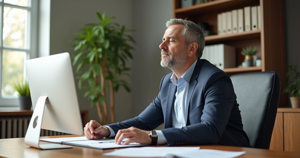 Executivo fazendo respiração profunda na mesa de trabalho