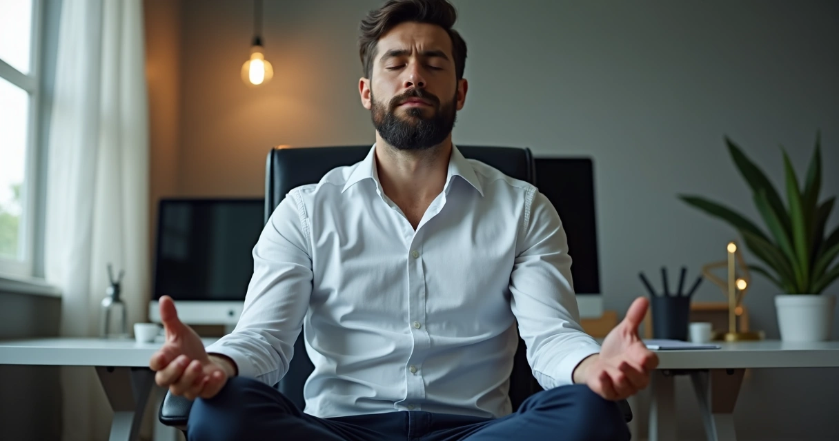Homem sentado em cadeira de escritório com olhos fechados, meditando em pausa curta. 