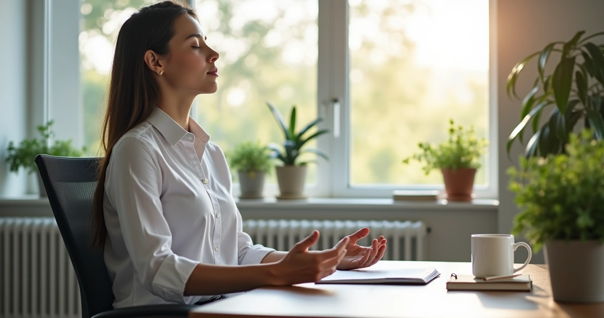 Profissional sentado no escritório praticando uma breve meditação 