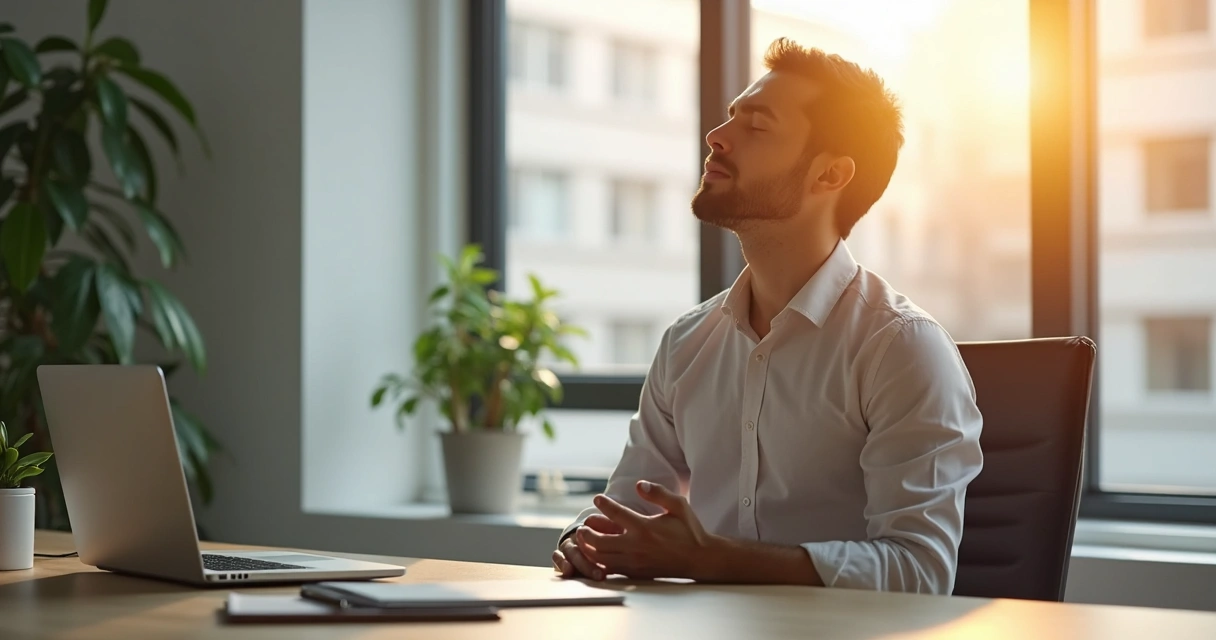 Profissional sentado à mesa de trabalho fechando os olhos para uma pausa de mindfulness 