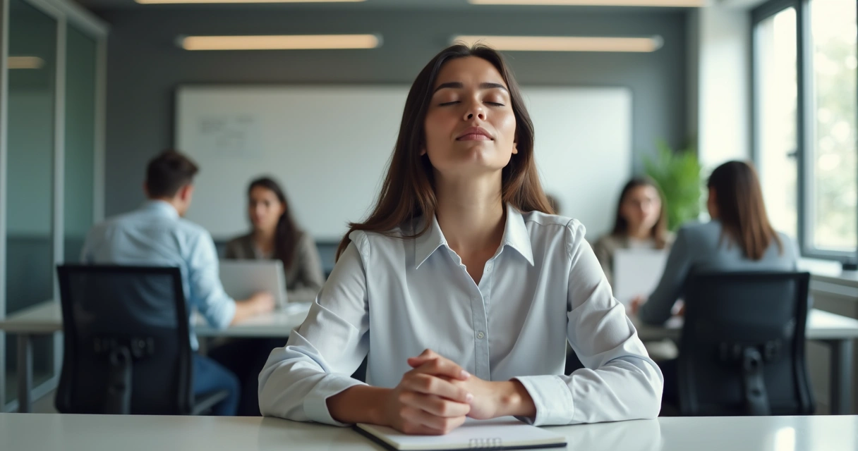 Profissional sentado em frente ao notebook com olhos fechados, respirando fundo 