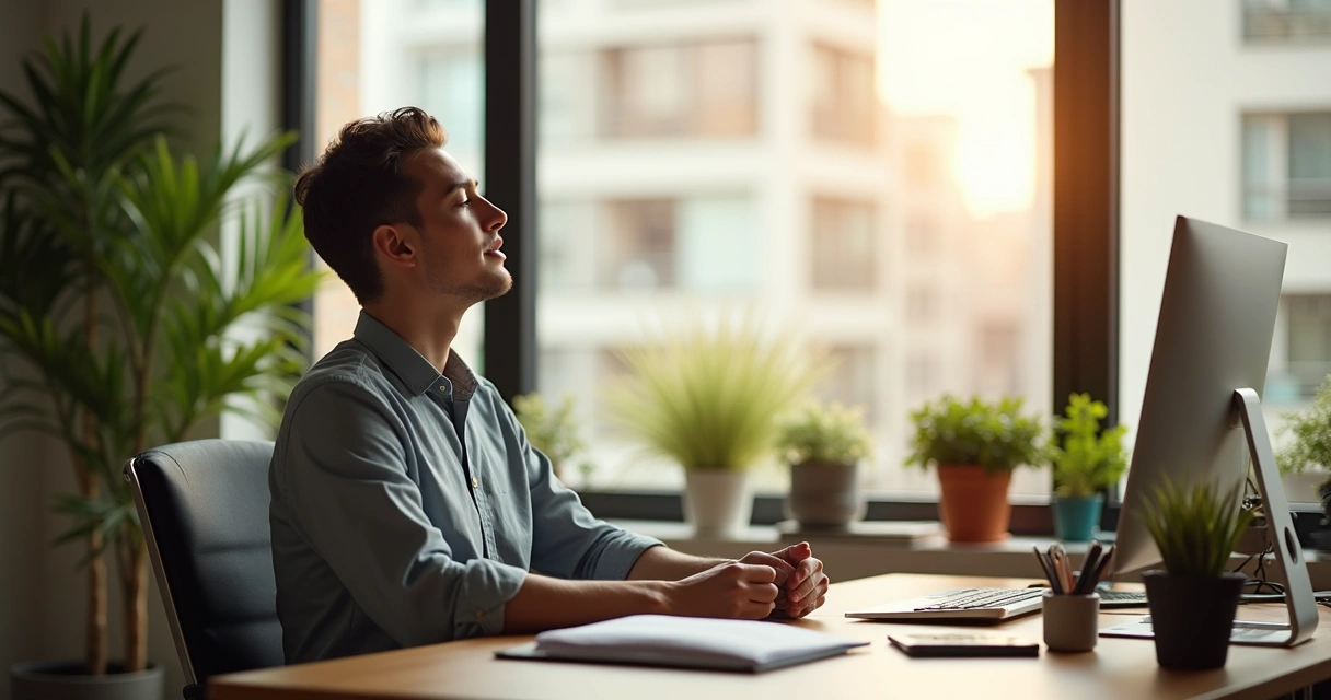 Profissional sentado em escritório respirando fundo olhando pela janela. 