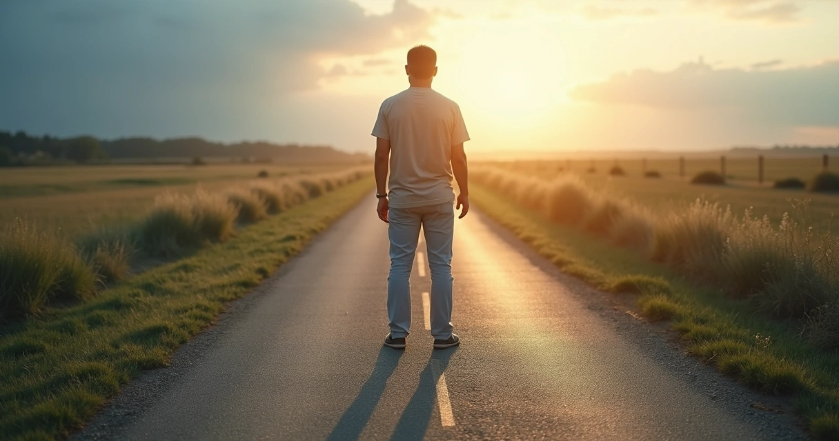 Pessoa em pé diante de caminho se dividindo entre sombra e luz 