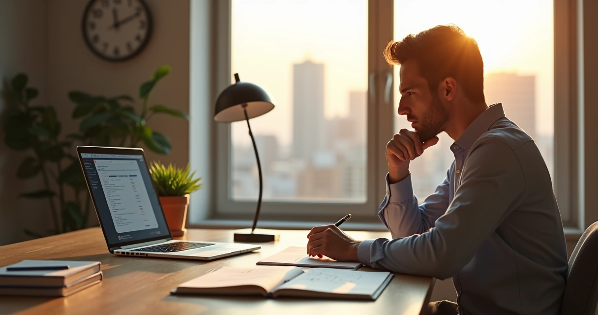 Profissional sentado à mesa convertendo pressão em autodesenvolvimento com anotações e gráficos 