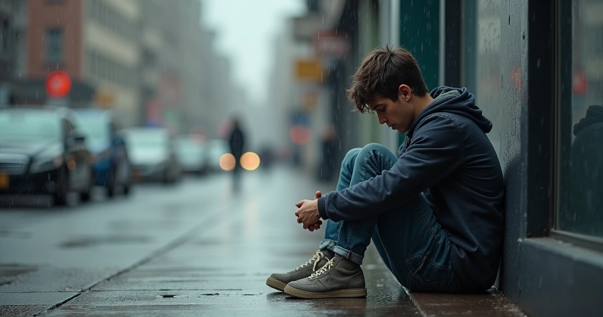 Pessoa sentada sozinha olhando para baixo numa rua com chuva leve 