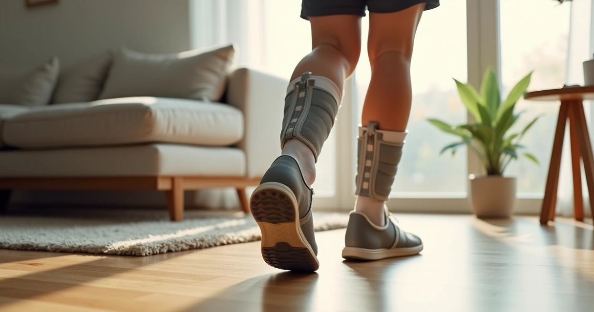 Person with orthopedic boot at home walking carefully 