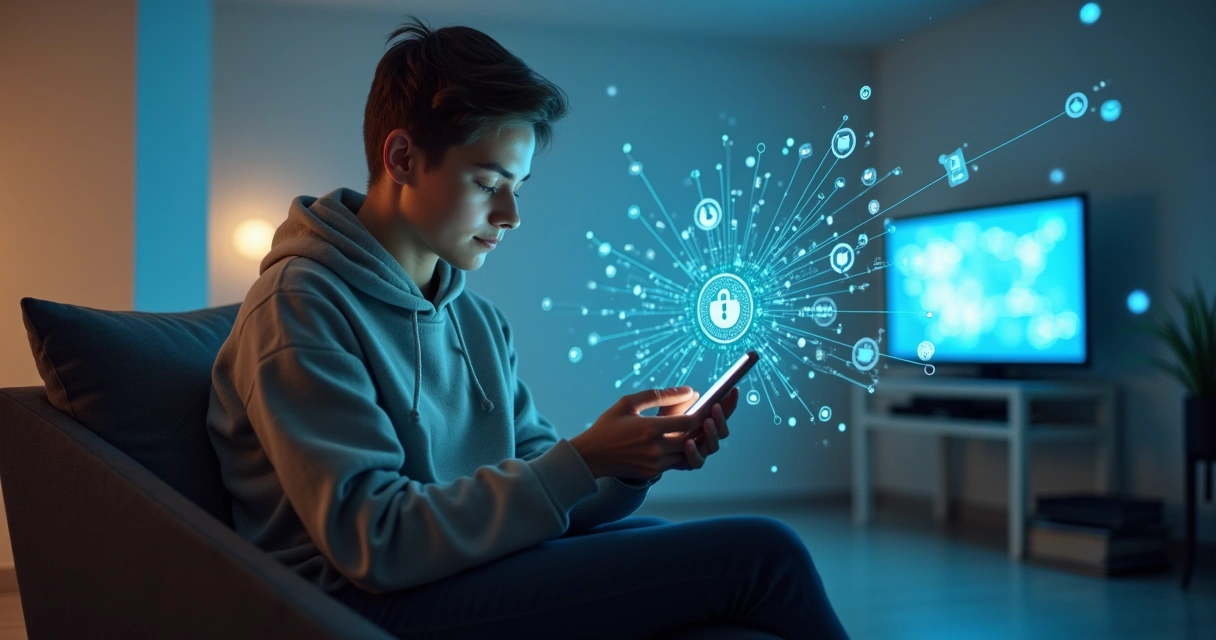 Pessoa olha para o celular cercada por ícones de algoritmos digitais