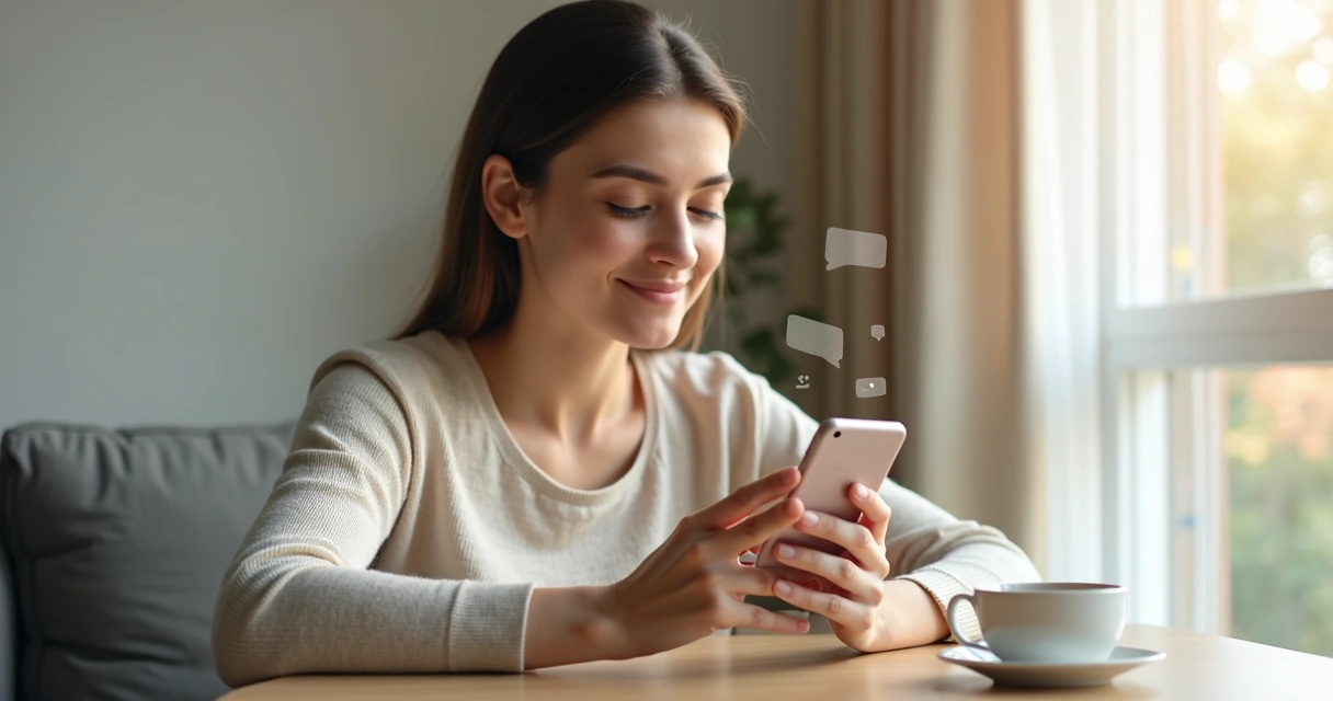 Pessoa segurando celular com expressão pensativa e serena, sentada em ambiente iluminado e calmo 