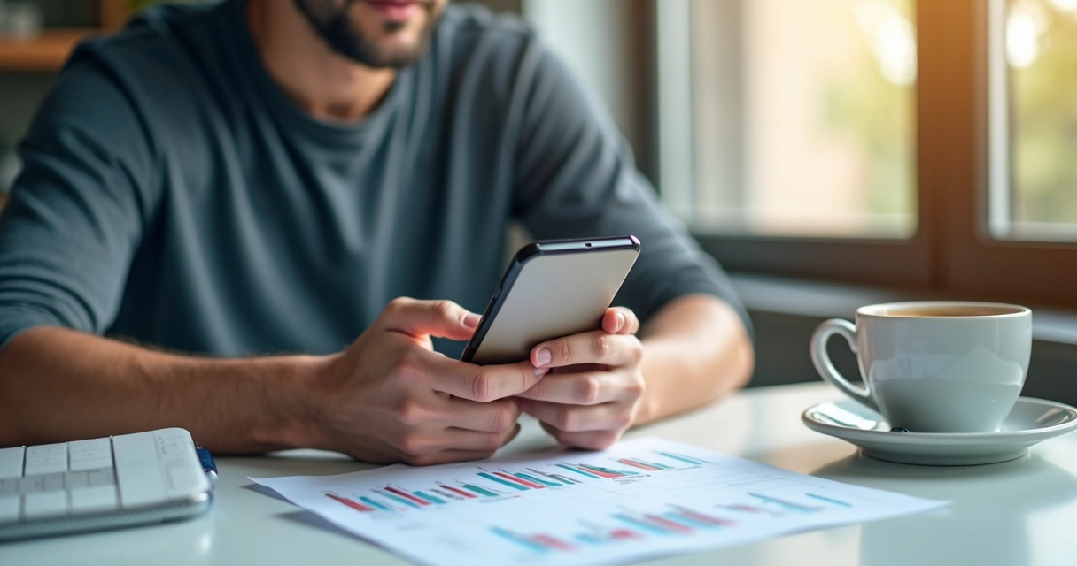 Pessoa digitando em celular com tela de landing page financeira