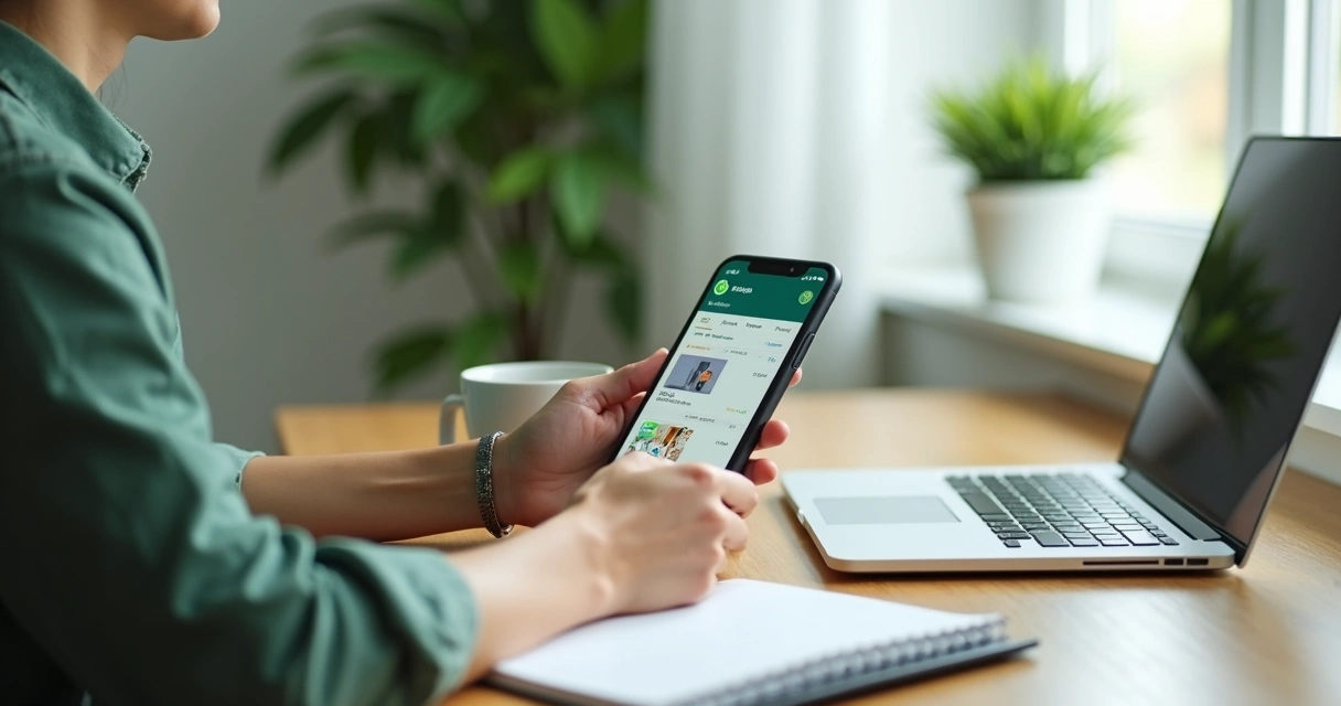 Pessoa usa celular com tela do WhatsApp em mesa de trabalho 