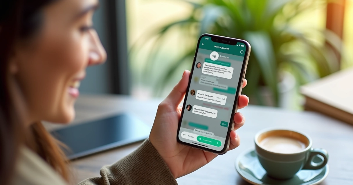 Pessoa sorrindo usando celular com interface Manybot aberta 
