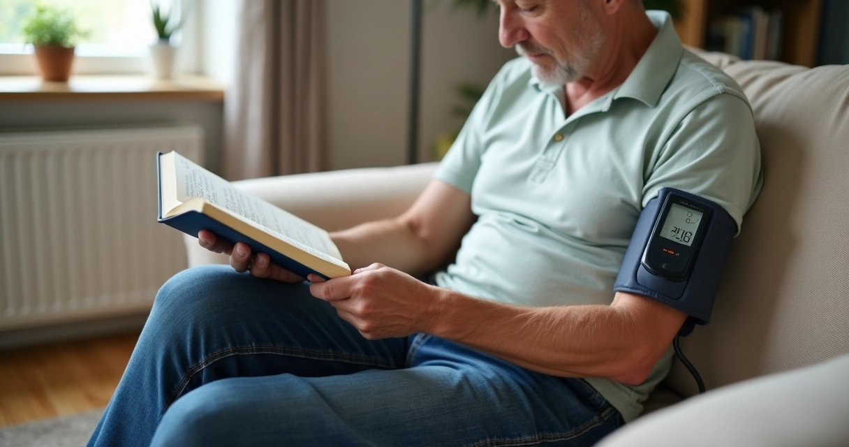 Pessoa de camiseta clara usando aparelho MAPA 24h no braço, sentada lendo um livro 