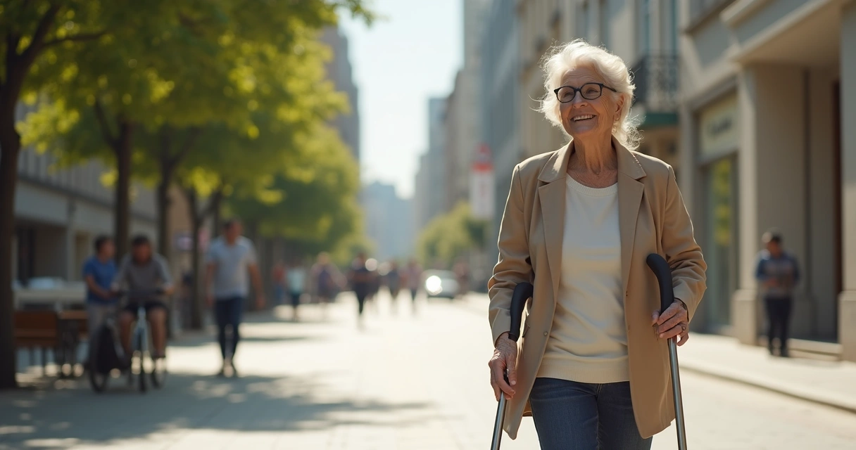 Muletas: Guia Completo para Escolher, Usar e Manter Corretamente 2 Idosa usando muleta canadense na calçada
