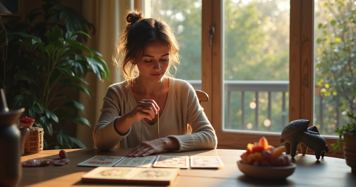 Pessoa sentada em casa usando pêndulo no ambiente 