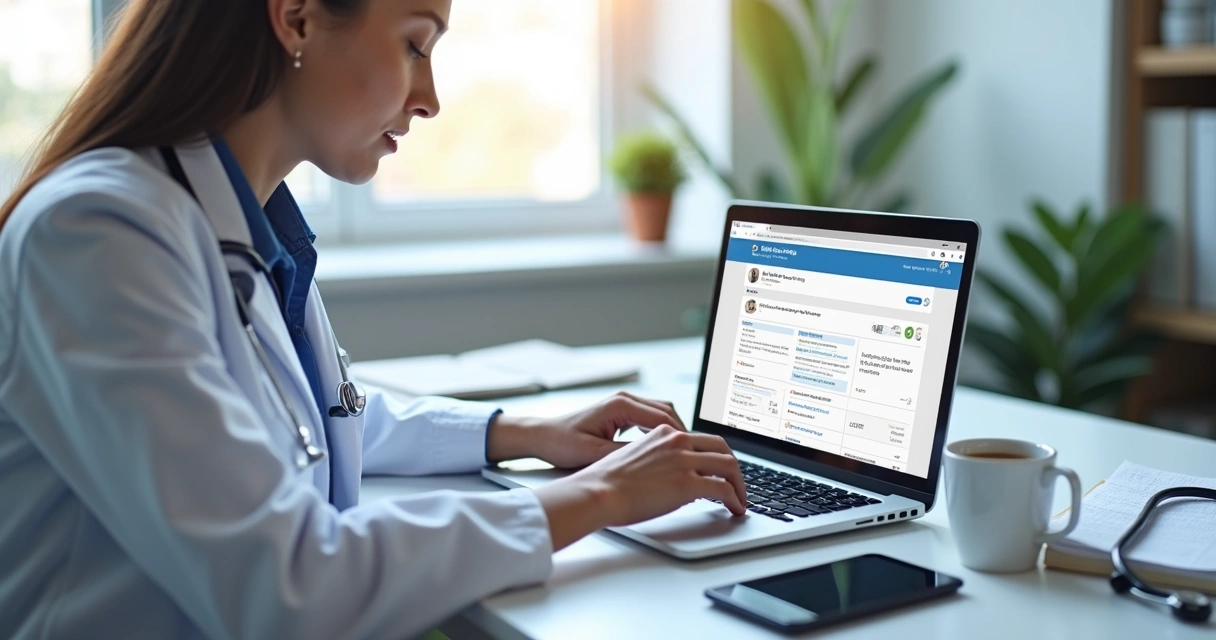 Profissional de saúde acessando plataforma EAD de treinamento em laptop na mesa 