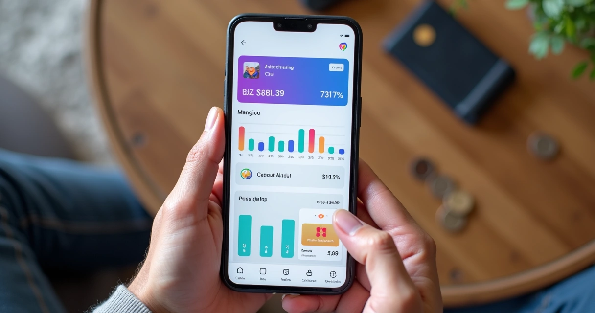 Pessoa digitando em smartphone exibindo app financeiro com gráficos e saldo 