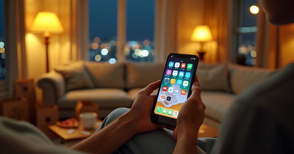 Pessoa segurando celular com vários apps de delivery abertos no sofá de casa 